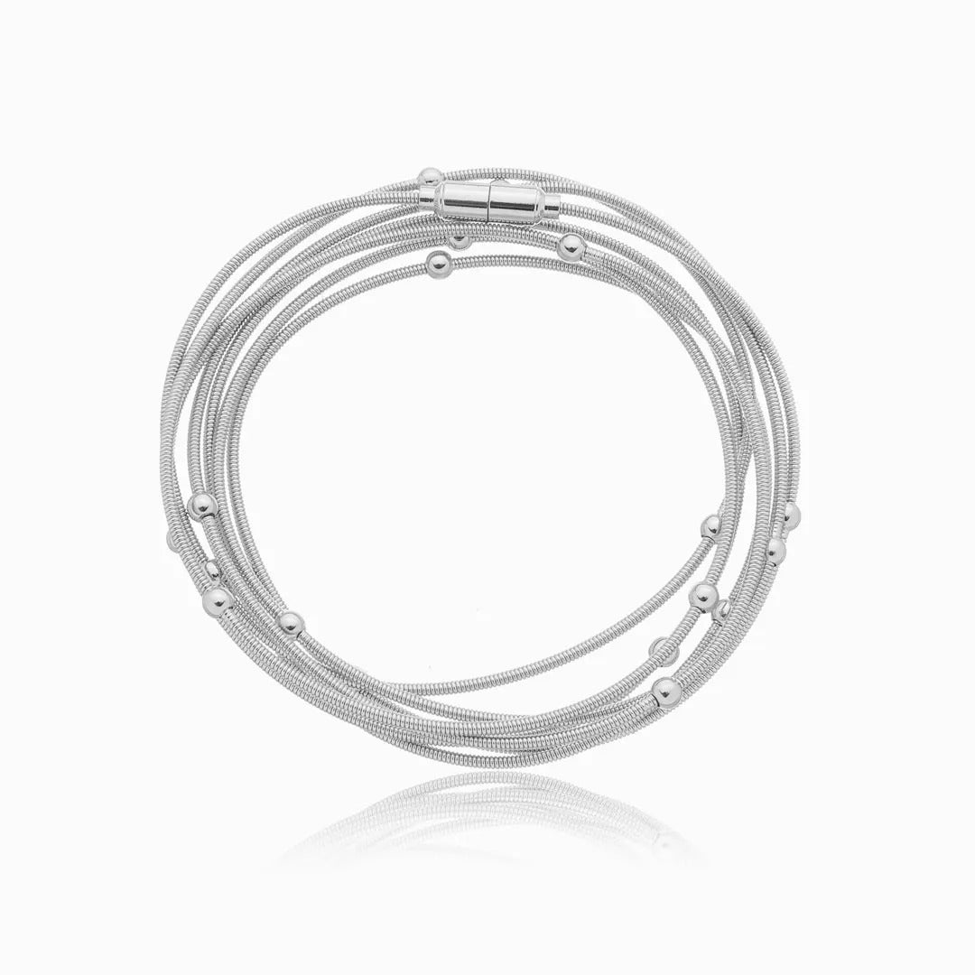 Pulseira corda de violão com bolinhas banhada em ródio branco