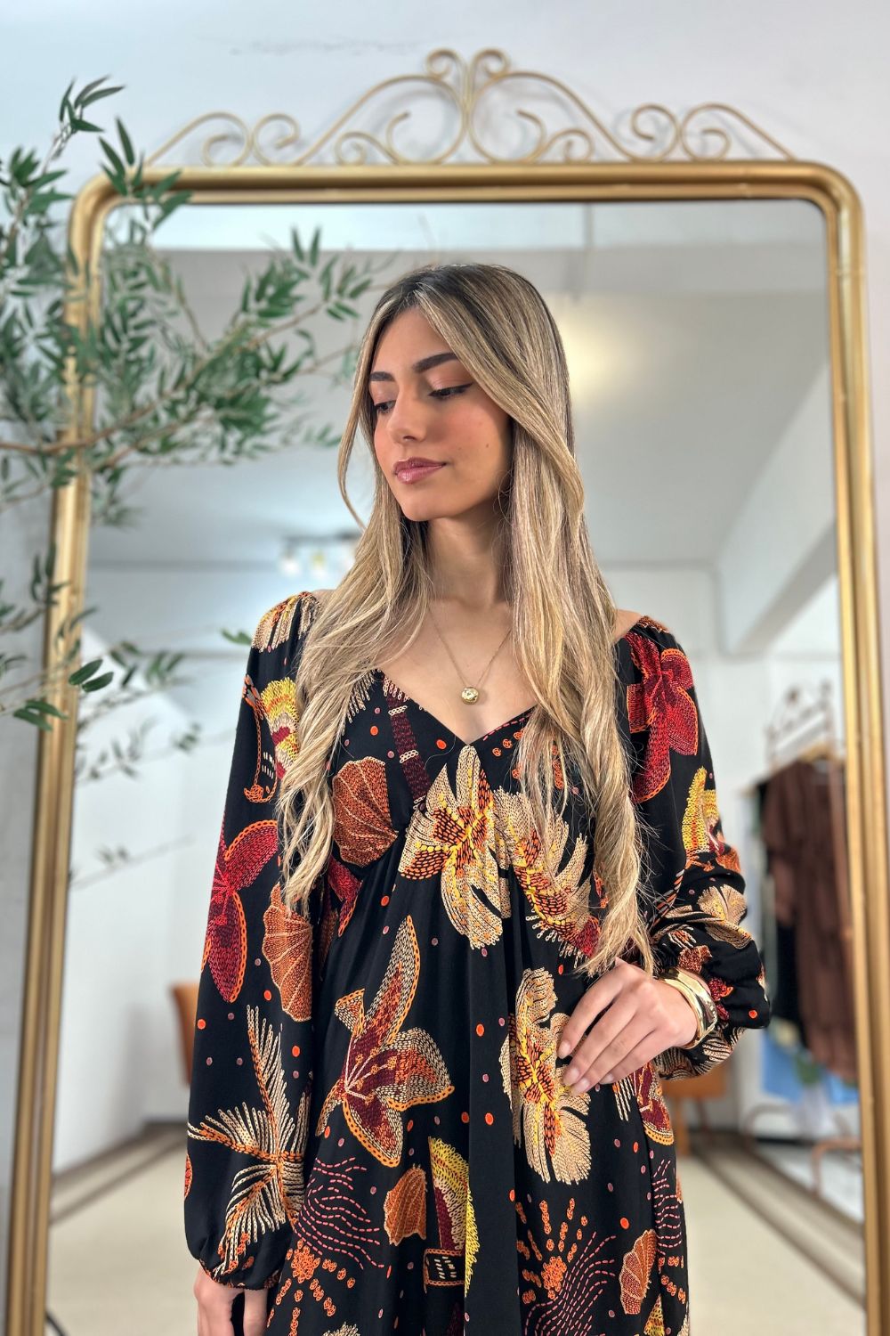 Vestido Carla Marrom Estampado Linha GOLDN [EDIÇÃO LIMITADA]