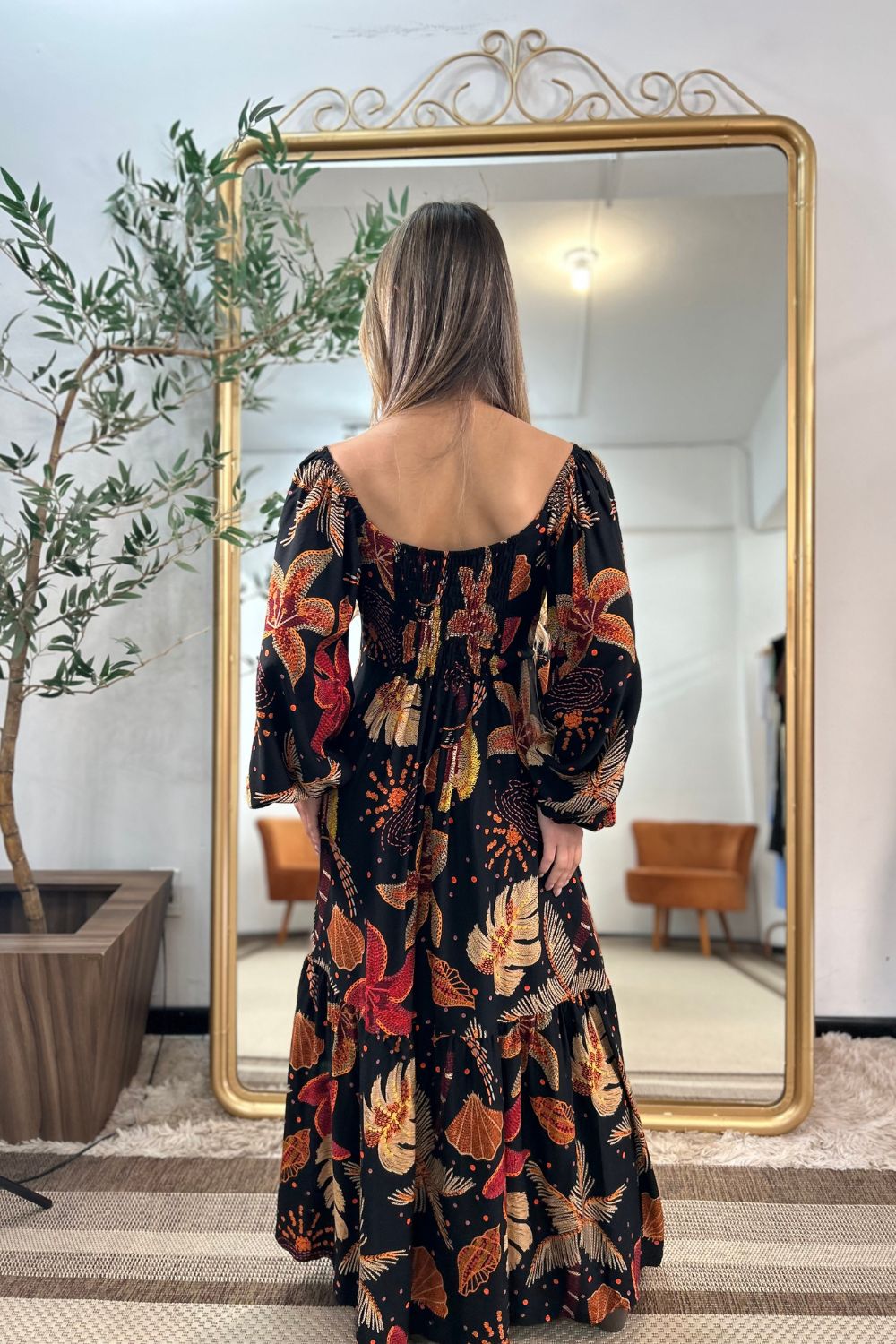 Vestido Carla Marrom Estampado Linha GOLDN [EDIÇÃO LIMITADA]